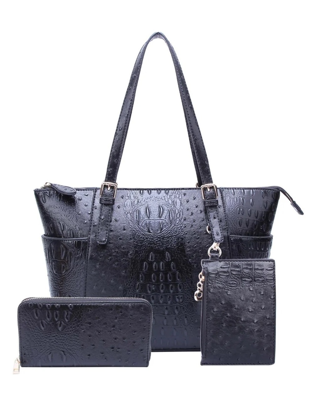 Black Faux Croc Tote Bag with Wallet Set